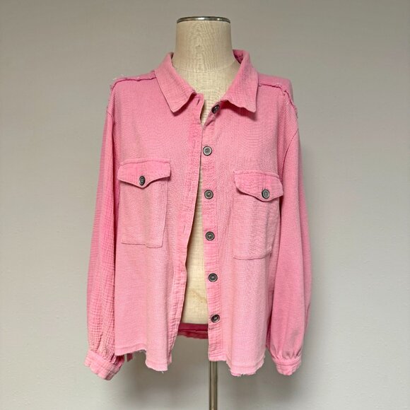 POL Washed Waffle Knit Boyfriend Shirt - Picture 2 of 9